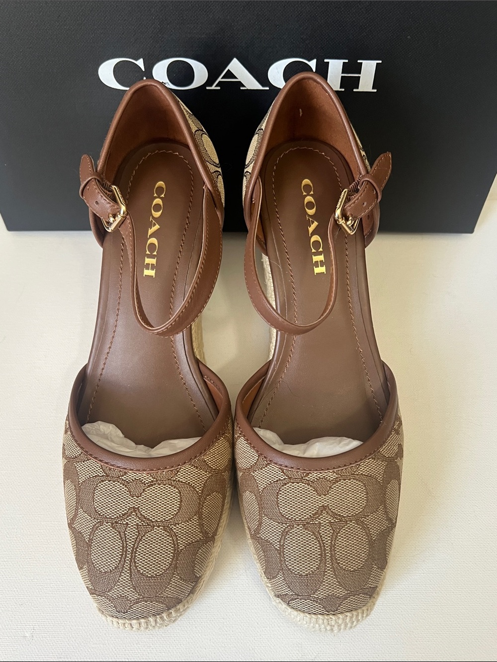 NWT Coach Tan Signature Canvas Espadrille Wedge Sandals - Picture 2 of 13